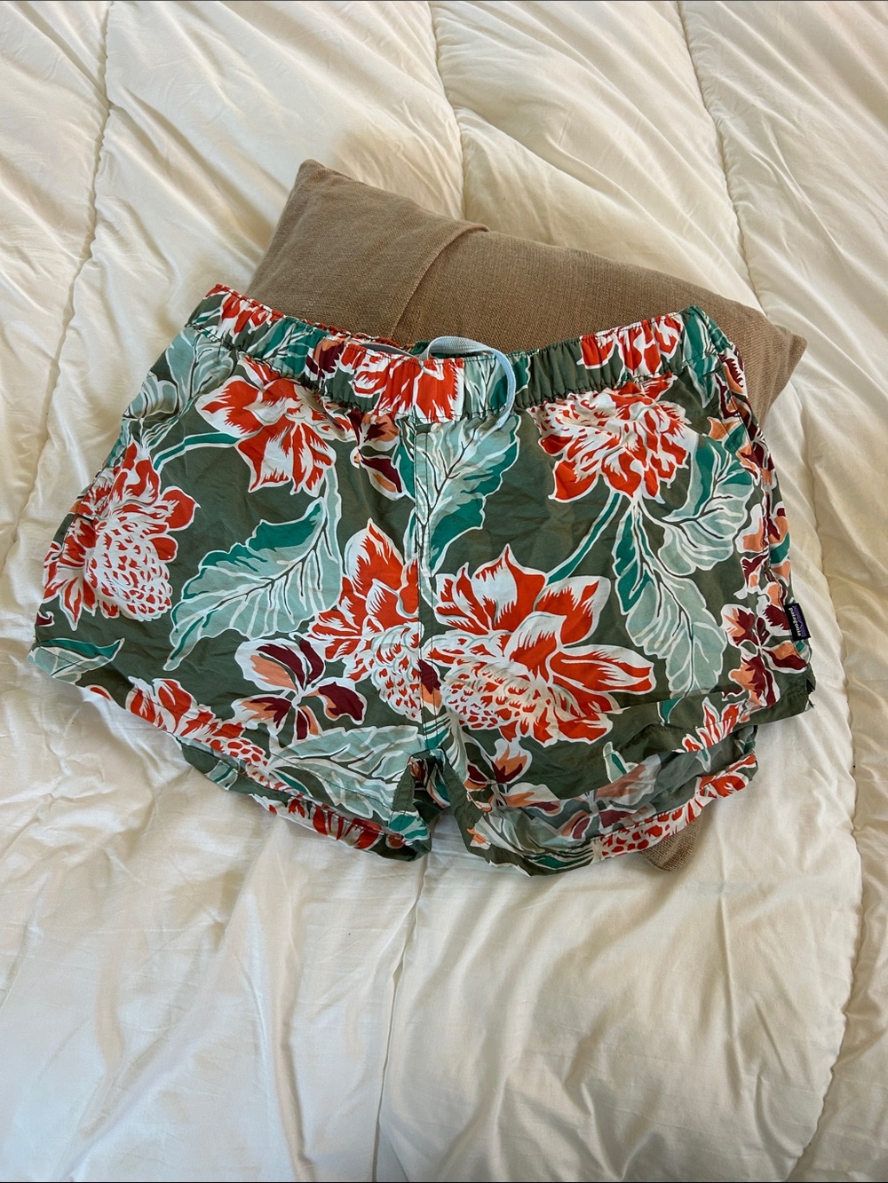 Patagonia Women's Floral Athletic Shorts in Olive Green & Coral
